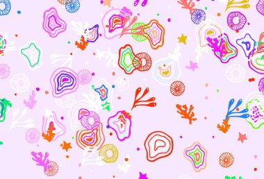 Memphis şekilli Light Multicolor vektör arkaplanı. Modern tarzda değişen renkli kaotik formlar. İşiniz için en iyi akıllı tasarım.