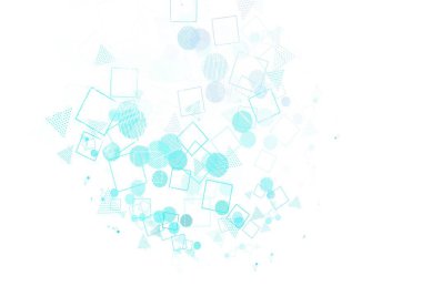 Açık mavi, daireleri, çizgileri, dikdörtgenleri olan yeşil vektör düzeni. Küreler, kareler ve çizgilerle soyut çizimler. Broşürler, broşürler için desen