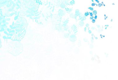 Hafif Mavili vektör şablonu. Yapraklarla, çiçeklerle. Beyaz arkaplandaki yapraklar ve çiçekler. Ağ ve ambalaj için elle boyanmış tasarım.