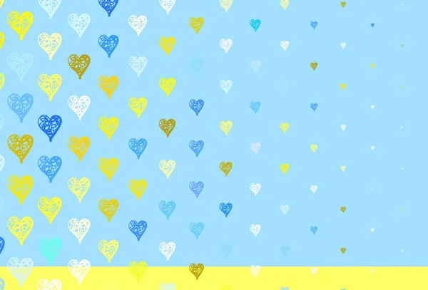 浅蓝色 黄色的矢量背景 闪烁着红心 在模糊的背景下 用渐变的心形来说明 狂欢节的模式 节庆浪漫传单 — 图库矢量图片