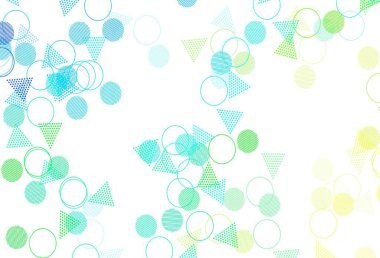 Açık mavi, dairesel üçgen şekilli yeşil vektör dokusu. Küreleri ve üçgen çizgileri olan soyut çizimler. İniş sayfası için modern şablon.