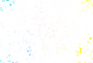 Açık mavi, sarı vektör arkaplan ve daireler şeklinde çokgen. Küreler, kareler ve çizgilerle soyut çizimler. Duvar kağıtları için şablon.