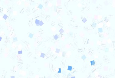 Açık mavi, kırmızı vektör arkaplan ve daireler şeklinde çokgen. Renkli noktaları, çizgileri, küpleri olan soyut çizimler. Reklamlar için desen.