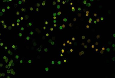 Koyu yeşil, sarı vektör arkaplan ve xmas kar taneleri. Karla kaplanmış bulanık dekoratif tasarım. Bu kalıp yeni yıl ilanı, broşürler için kullanılabilir.