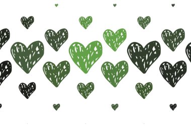 Açık yeşil vektör dokusu ve güzel kalpleri var. Bulanık arkaplanda gradyan kalp şekilleri olan bir resim. Karnaval için şablon, festival için romantik broşürler.