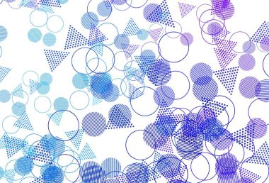 Açık Pembe, çizgileri ve daireleri olan mavi vektör arkaplanı. Renkli daireler, üçgenler çizilmiş bir resim. Broşürler, broşürler için desen
