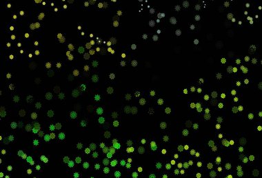 Koyu yeşil, sarı vektör arkaplan ve xmas kar taneleri. Bulanık arkaplanda kar ve eğim. Şablon yeni yıl arkaplanı olarak kullanılabilir.