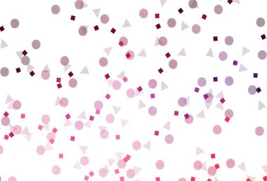 Çemberli, polimer şekilli, açık mor vektör dokusu. Renkli daireler, üçgenler, kareler çizilmiş bir resim. İniş sayfası için modern şablon.