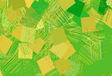 Açık yeşil, üçgenli, daireli, küplü sarı vektör arkaplan. Soyut tarzda dekoratif tasarım, çizgiler, noktalar, küplerle. Reklamlarınız için akıllı tasarım.