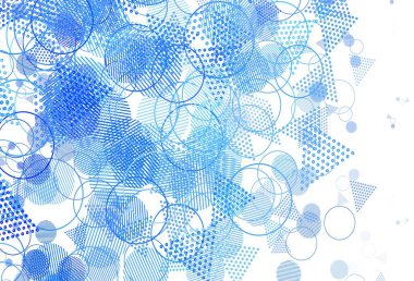 Dairesel çokgen biçimli hafif Mavili vektör deseni. Soyut tarzda dekoratif tasarım, çizgiler, noktalar, küplerle. İniş sayfası için modern şablon.