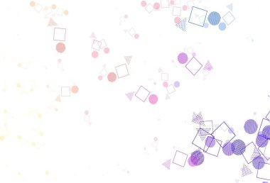 Çizgiler, daireler ve eşkenar dörtgenlerle ışık çok renkli vektör arkaplanı. Renkli daireler, üçgenler, kareler çizilmiş bir resim. Reklamlarınız için akıllı tasarım.