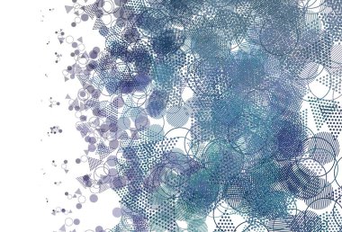 Açık Pembe, dairesel çokgen tarzlı Mavi vektör arkaplan. Küreleri ve üçgen çizgileri olan soyut çizimler. Reklamlar için desen.