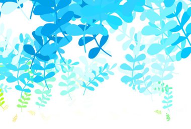 Açık mavi, sarı vektör karalama dokusu yapraklarla. Bulanık arka planda yaprakları olan eskiz karalamalar. Markan için şık bir model..