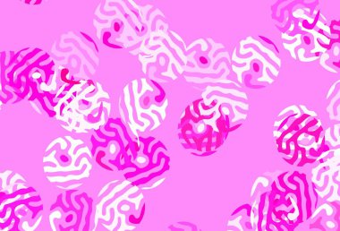 Noktalı açık pembe vektör arkaplanı. Parlak renkli soyut çemberlerin olduğu bir resim. Fütürist reklamlar ve kitapçıklar için şablon.