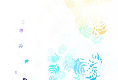 Açık mavi, sarı vektör karalama arkaplanı yapraklarla. Karalama tarzında yaprakları olan belirsiz bir çizim. İşiniz için yeni tasarım.