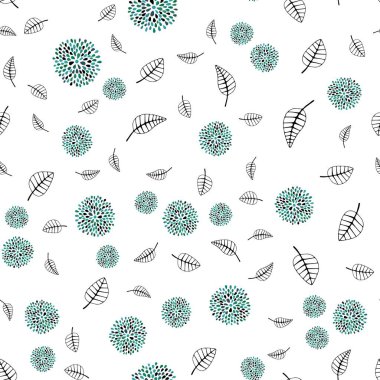 Açık yeşil vektörsüz, yapraklı, çiçekli karalama düzeni. Yaprakları ve çiçekleri olan modern soyut çizimler. Pencere panjurları ve perdelerin dizaynı için desen.