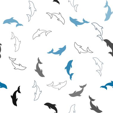 Deniz yunuslarıyla koyu mavi vektör desenli. Beyaz arka planda izole edilmiş deniz yunusları. Hayvanların web siteleri için desen.