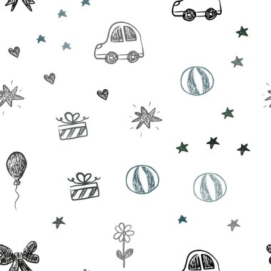 Koyu yeşil vektörlü, kostüm özellikleri olan kusursuz bir arkaplan. Oyuncak araba, kalp, balon, lale, şeker ve top ile parlayan illüstrasyon. Tatil reklamları için tasarım.