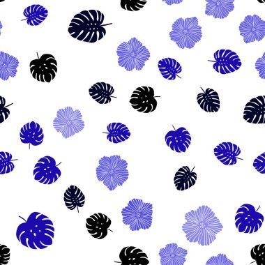 Koyu mavi vektörlü, çiçekli, yapraklı zarif desen. Yaprakları ve çiçekleri olan parlak renkli bir illüstrasyon. Kartvizitler, web siteleri için şablon.