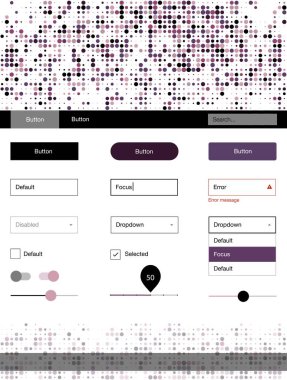 Koyu mor, üzerinde noktalar olan pembe vektör telgraf seti. Başlığında renkli noktalar olan basit bir malzeme tasarım kiti. Bu örnek web siteniz için..