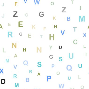 Açık mavi, ABC sembollü sarı vektörsüz desen. Bulanık tasarım alfabe işaretleriyle basit bir şekilde. Kartvizitler, web siteleri için şablon.