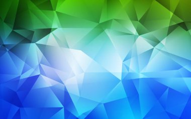 Açık mavi, yeşil vektör düşük polimerli doku. Çokgen tarzda tamamen yeni bir renk çizimi. Bir markanın arkaplanı için desen.