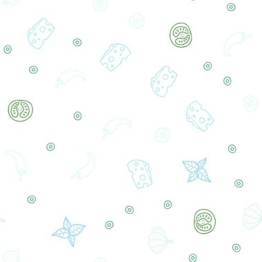 Açık mavi, yeşil vektörsüz arka plan ve lezzetli yemekler. Abur cuburların karalama tarzında bulanık dekoratif tasarımı. Kafe reklamınız için karalama tasarımı.