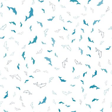 Koyu mavi yunuslarla kusursuz bir arka plan. Rengarenk deniz yunuslarının parlak çizimi. Doğal dergiler için şablon.