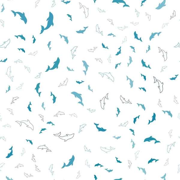 Koyu mavi yunuslarla kusursuz bir arka plan. Rengarenk deniz yunuslarının parlak çizimi. Doğal dergiler için şablon.