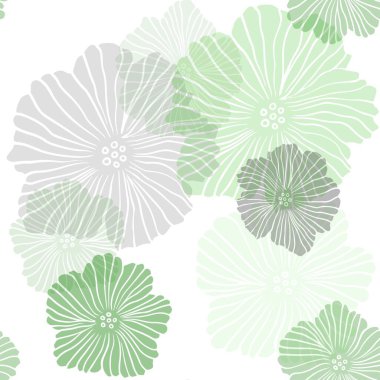 Açık yeşil vektörlü, çiçekli, soyut tasarım. Beyaz arka planda çiçeklerin dekoratif tasarımı. Pencere perdeleri, perdeler için doku.
