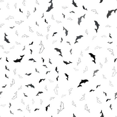 Deniz yunuslarıyla koyu mavi vektör desenli. Rengarenk deniz yunuslarının parlak çizimi. Deniz broşürleri için desen.