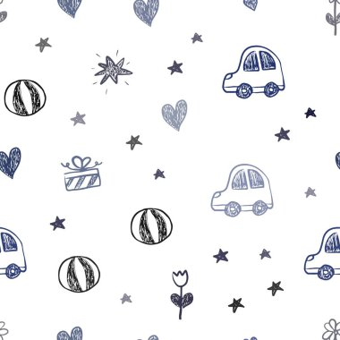 Karanlık BLUE vektörsüz şablon ve karnaval elemanları. Gradyan oyuncak arabası, kalbi, balonu, lalesi, şekeri, topu olan bir resim. Tatil reklamları için tasarım.