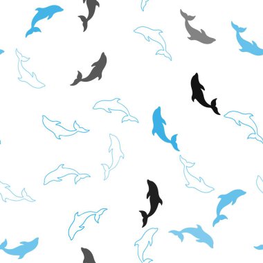 Yunuslarla açık mavi vektörlü kusursuz doku. Deniz yunuslarıyla doğal olarak dekoratif tasarım. Vahşi yaşam ilanları, kitapçıklar için şablon.