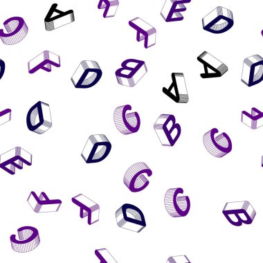 3 boyutlu latin alfabesiyle açık Mor vektör düzlemi. Beyaz arkaplanda gradyanı olan renkli üç boyutlu alfabe işaretleri. Kartvizitler, web siteleri için şablon.