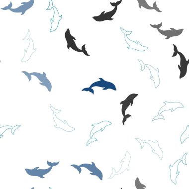 Yunuslarla açık mavi vektörlü kusursuz doku. Beyaz arka planda izole edilmiş deniz yunusları. Hayvanların web siteleri için desen.