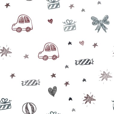 Koyu mavi, kırmızı vektör, Noel oyuncaklarıyla kusursuz desen. Oyuncak arabası, kalbi, balonu, lalesi, şekeri, topu olan soyut bir illüstrasyon. Yeni yıl kartpostalları için şablon.