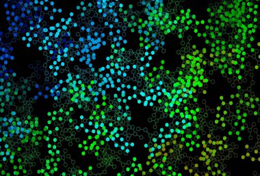 Koyu mavi, yeşil vektör arkaplan ve yapay zeka formları. Soyut şablondaki yapay zeka şekilleriyle parlayan illüstrasyon. Siber yeniliklerin tasviri için tasarım.