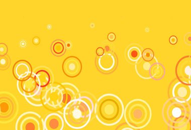 Açık Pembe, diskleri ve çizgileri olan sarı vektör dokusu. Parlak renkli soyut çemberler ve çizgiler çizilmiş bir resim. Poster ve web siteleri için tasarım.