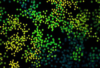 Koyu mavi, yeşil vektör arkaplan ve yapay zeka formları. Soyut şablondaki yapay zeka şekilleriyle parlayan illüstrasyon. Siber yeniliklerin tasviri için tasarım.