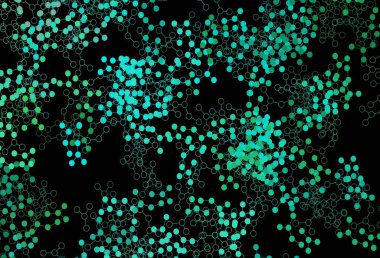 Koyu yeşil vektör şablonu ve yapay zeka ağı. Soyut şablondaki yapay zeka şekilleriyle parlayan illüstrasyon. Poster ve teknoloji sembolü.