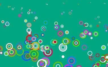 Çember şekilli ışık çok renkli vektör düzeni. Parlak renkli soyut çemberlerin olduğu bir resim. Duvar kağıtlarının dokusu için desen.