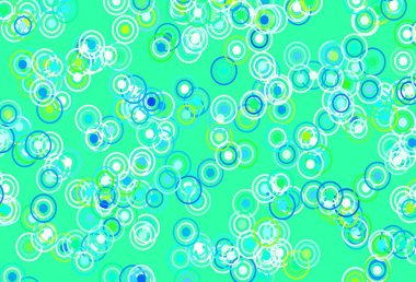 Açık mavi, üzerinde noktalar ve çizgiler olan yeşil vektör arkaplanı. Renkli çemberler çizilmiş, soyut çizgiler. Duvar kağıtlarının dokusu için desen.