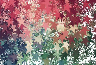 Açık yeşil, küçük ve büyük yıldızlı kırmızı vektör arkaplanı. Soyut şablondaki yıldızlarla dekoratif parlak illüstrasyon. Kozmik arkaplanlar için şablon.