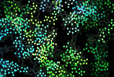 Koyu mavi, yeşil vektör arkaplan ve yapay zeka verileri. Soyut şablondaki yapay zeka şekilleriyle parlayan illüstrasyon. Zeka ve yenilik reklamları için şablon.