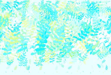 Açık mavi, yeşil vektör yapraklı zarif duvar kağıdı. Parlak renkli çizimler ve karalama tarzında yapraklar. Web siteleri ve pankartlar için desenli desen.