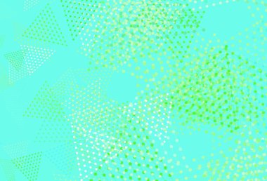 Açık yeşil vektör arkaplan, üçgenler, daireler. Noktalı, soyut şekilli dekoratif tasarım. Duvar kağıtları için şablon.