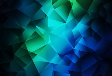 Koyu mavi, yeşil vektör üçgen arkaplan. Gradyanı olan zarif parlak çokgen çizimi. Pankartın için tamamen yeni bir şablon.