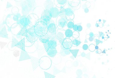 Dairesel çokgen biçimli hafif Mavili vektör deseni. Soyut tarzda dekoratif tasarım, çizgiler, noktalar, küplerle. Duvar kağıtları için şablon.