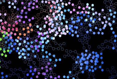 Koyu mavi, kırmızı vektör dokusu ve yapay zeka konsepti. Renkli yapay zeka yapısı, eğimli çizgiler ve noktalar. Zeka ve yenilik reklamları için şablon.