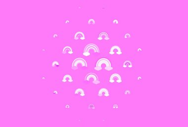 Gökkuşağı ve bulutlu açık pembe vektör dokusu. Gökkuşağı şekilli soyut aşk tarzında renkli bir tasarım. Çocuk tasarımı için örnek.